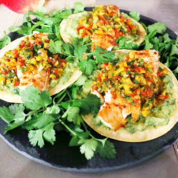 GRILLED FISH TACOS WITH 3-PEPPER CHIPOTLE SALSA AND CREAMY LIME GUACAMOLE