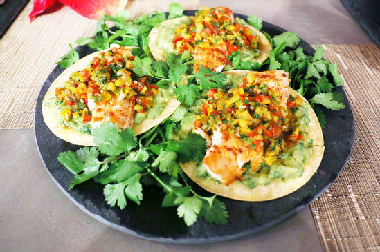 GRILLED FISH TACOS WITH 3-PEPPER CHIPOTLE SALSA AND CREAMY LIME GUACAMOLE